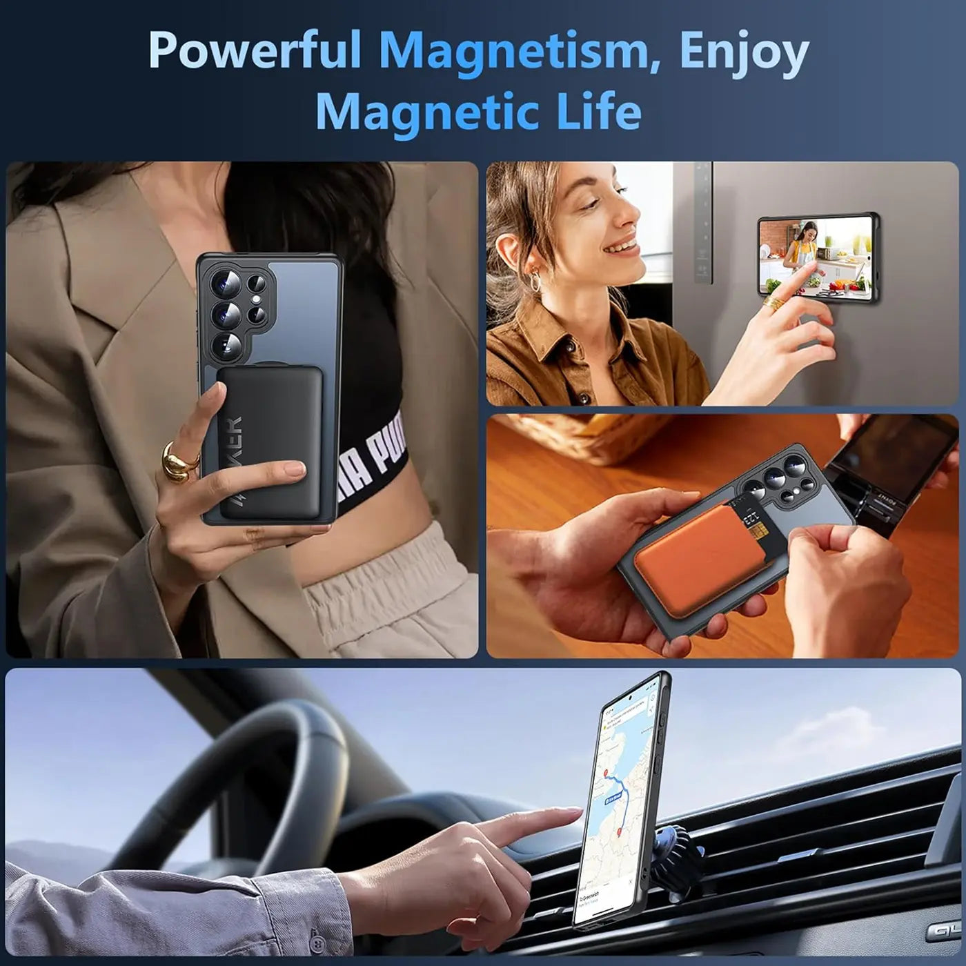 Samsung S24 Ultra mit schwarzer MagSafe Hülle, orangefarbenem Akku, in Auto, an Kühlschrank