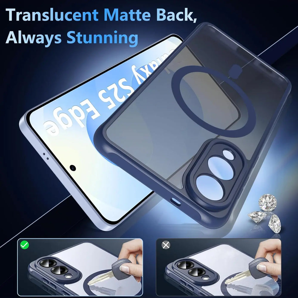 Dunkelblaue MagSafe Hülle, matt-transparente Rückseite, auf Samsung S25 Edge, von oben links