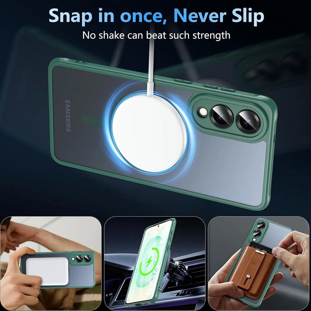 Grüne MagSafe-Hülle aus Kunststoff mit transparentem Rücken, zeigt Samsung S25 Edge, Nahaufnahme.