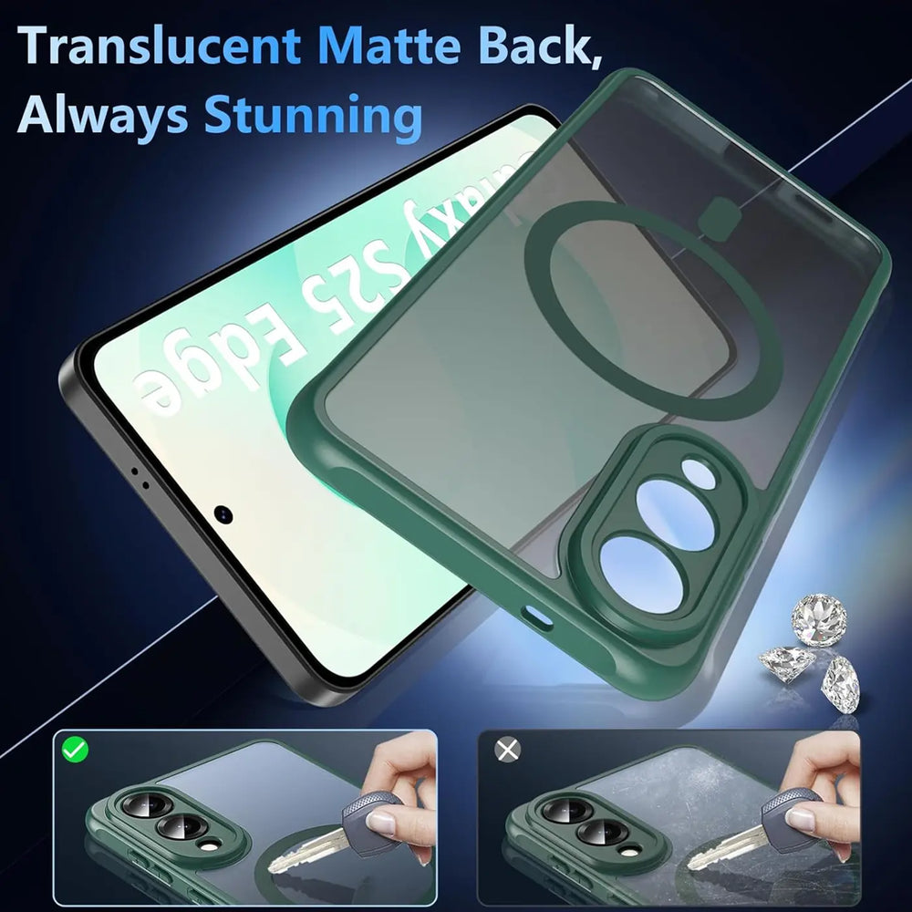 Grüne MagSafe Hülle, matt, transparent, mit Kameraschutz, auf Samsung Galaxy S25 Edge