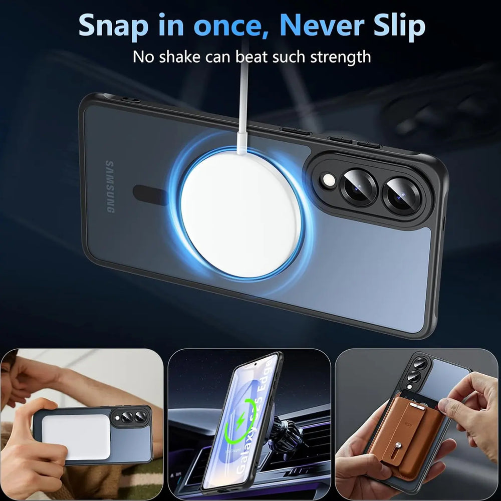Samsung S25 Edge Hülle, transparent, schwarz, MagSafe, Kameraschutz, Rückansicht