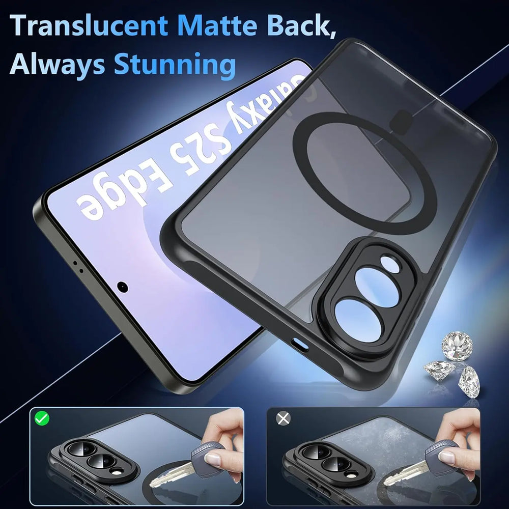 Dunkelgraue, matte MagSafe-Hülle mit Kameraschutz für Samsung Galaxy S25 Edge.