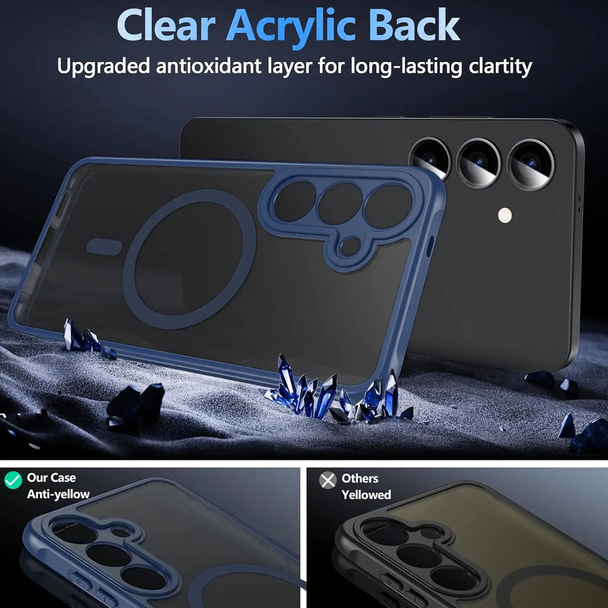 Blaue MagSafe-Hülle aus Acryl mit Kameraschutz für Samsung Galaxy S25 FE, Seitenansicht.