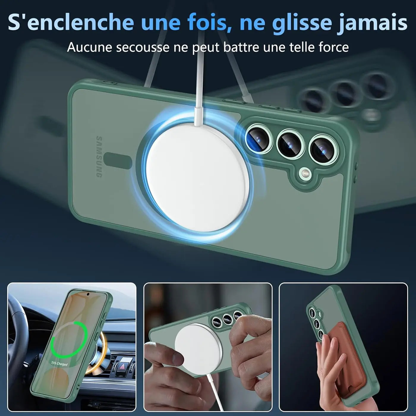 Grüne MagSafe-Hülle mit Kameraschutz für Samsung S25 FE, Rückansicht, Nahaufnahme.