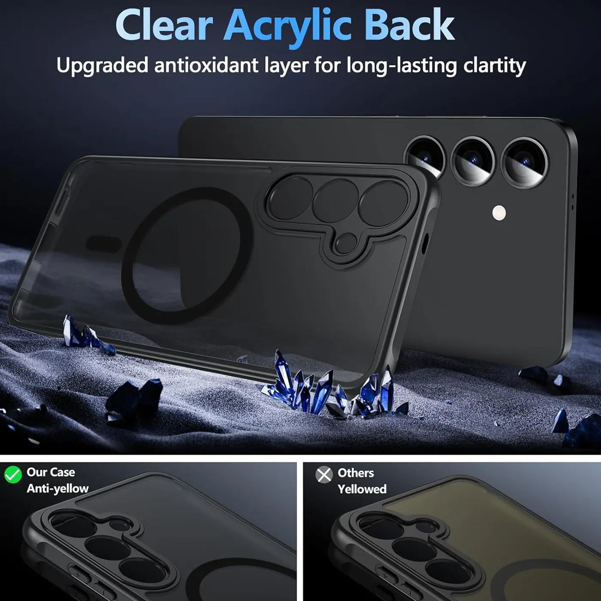 Schwarze MagSafe Hülle aus Acryl mit Kameraschutz für Samsung Galaxy S25 FE, von vorne links