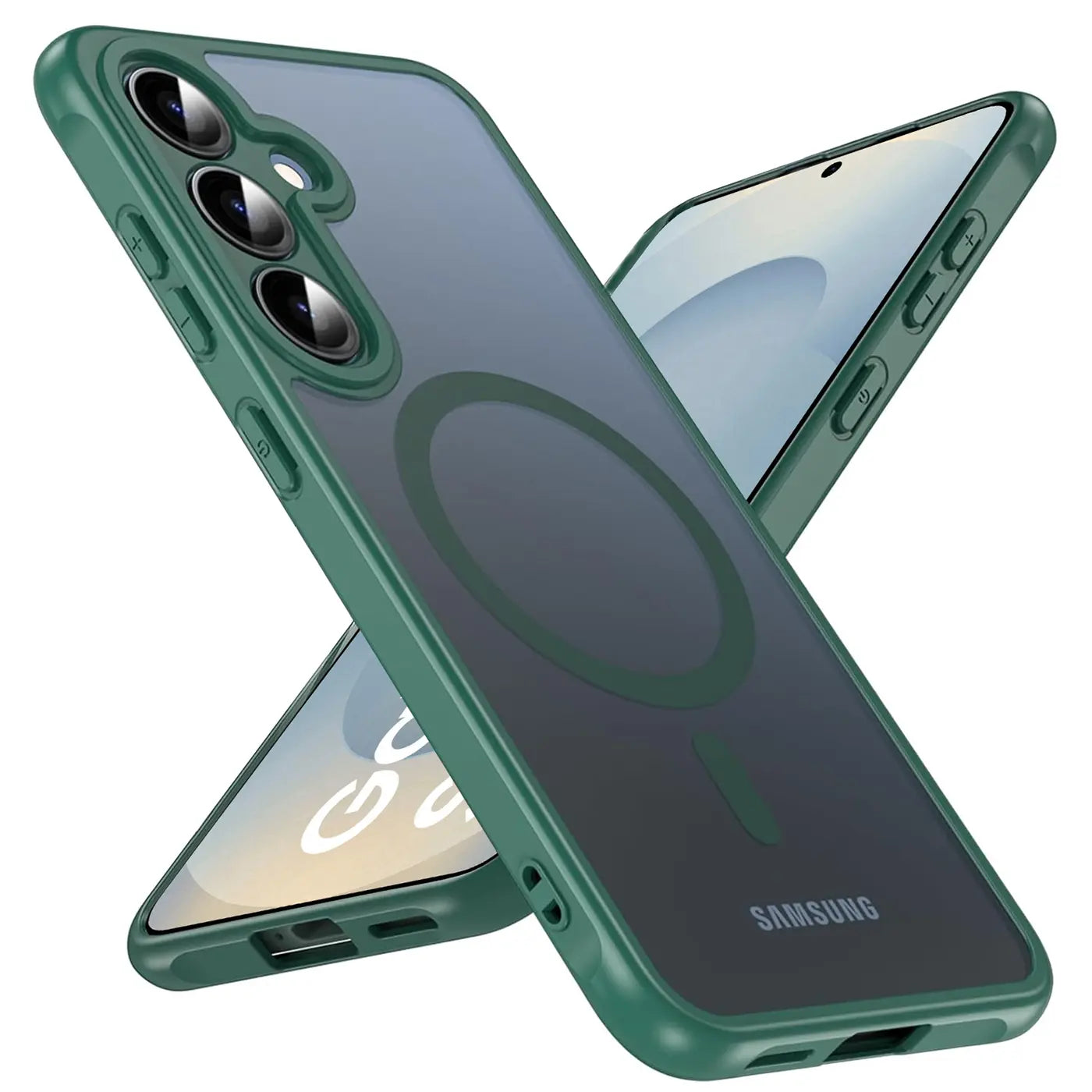 Grüne MagSafe Hülle, transparent, mit Kameraschutz, auf Samsung S25 Plus, von schräg oben