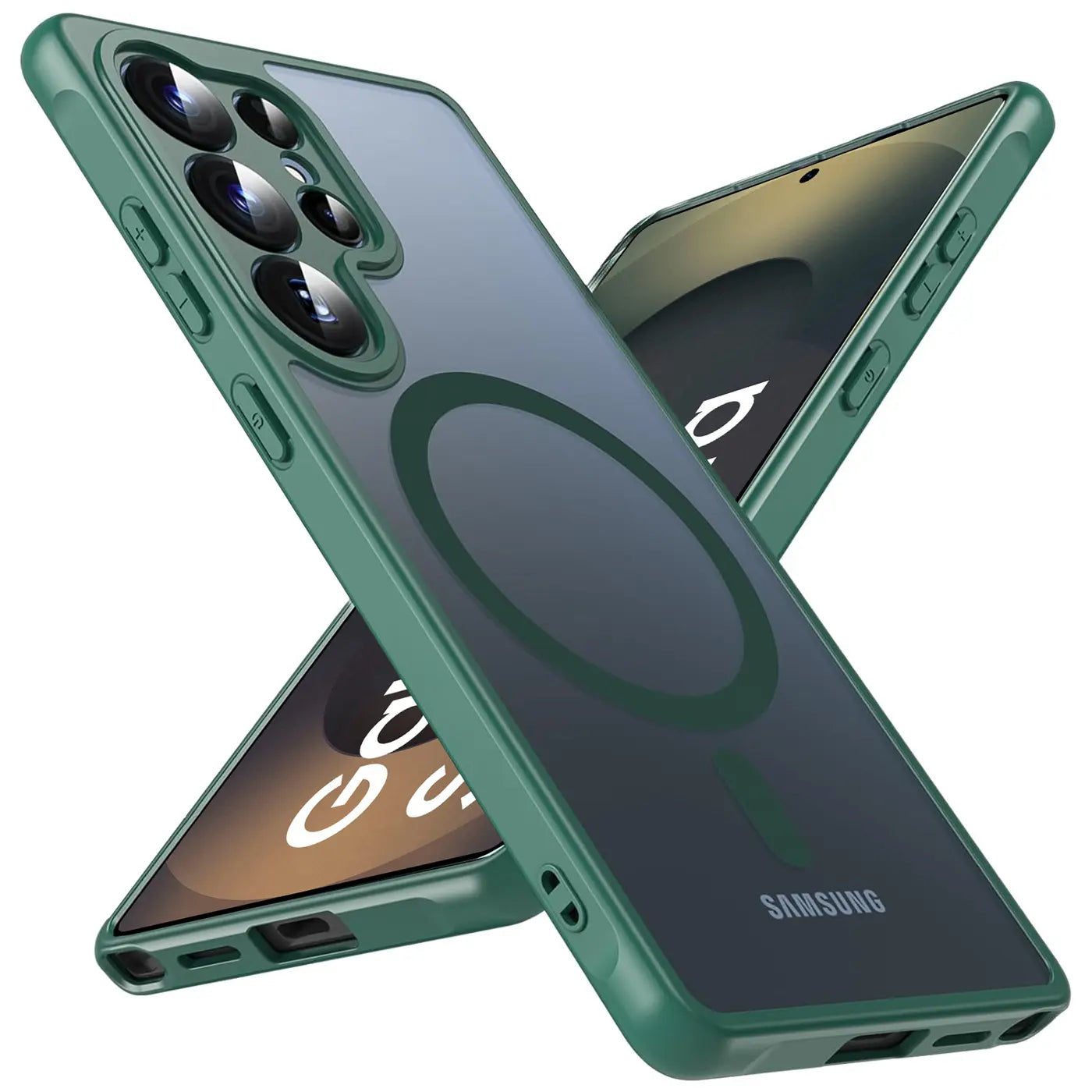 Grüne MagSafe Hülle, transparent, mit Kameraschutz, für Samsung Galaxy S25 Ultra, von vorne links