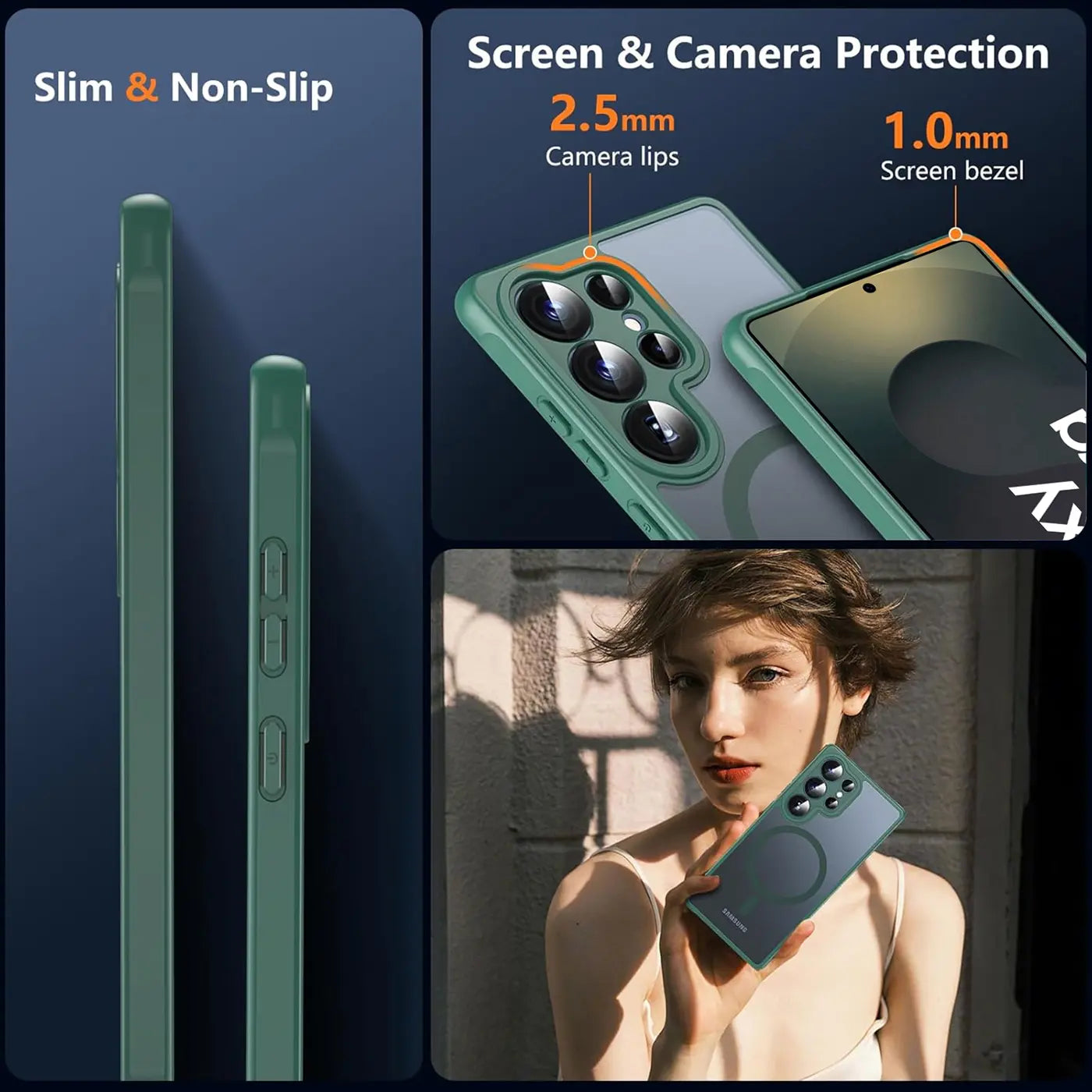 Grüne Hülle für Samsung S25 Ultra, MagSafe, Kameraschutz, von vorn und Seite