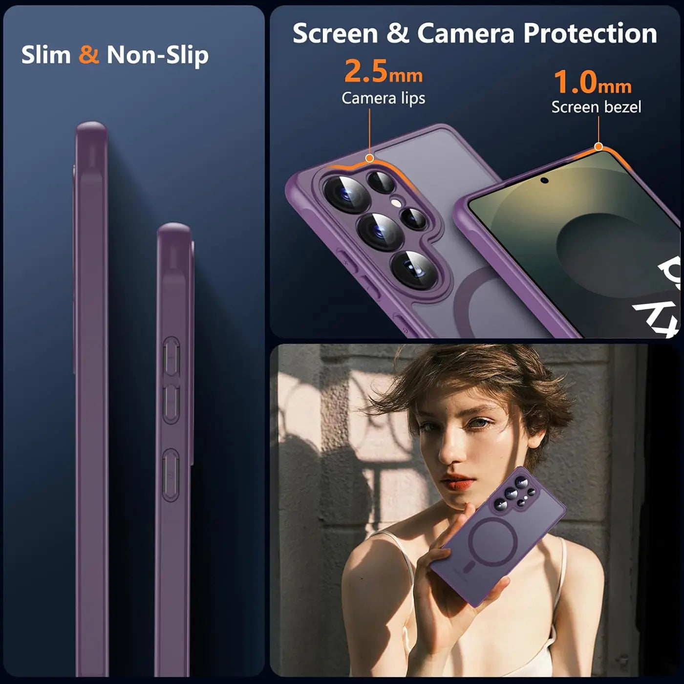 Lila MagSafe Hülle für Samsung S25 Ultra, Kameraschutz, von der Seite und von hinten gezeigt.