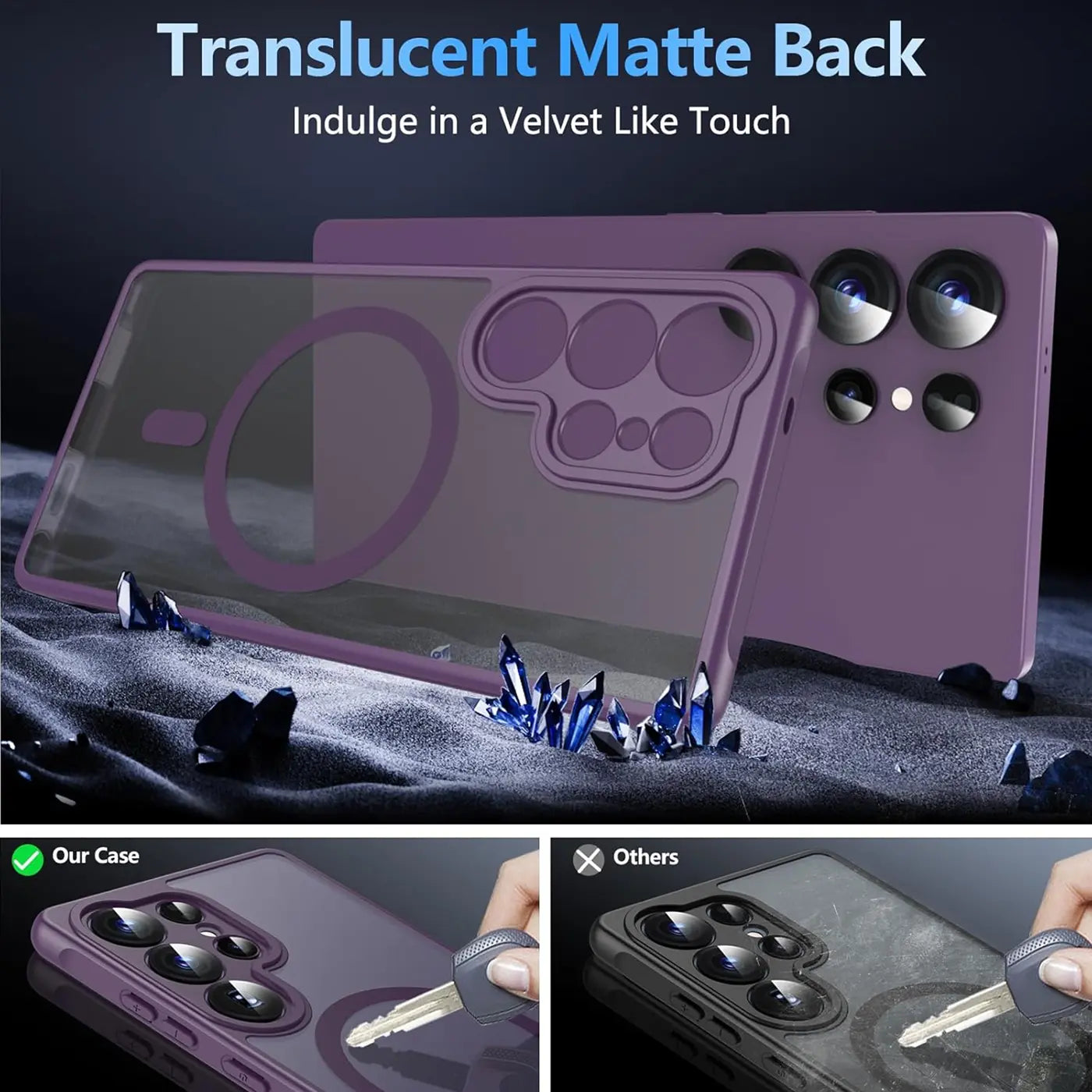 Lila MagSafe Hülle, transparent matt, mit Kameraschutz, Samsung S25 Ultra, von vorne links