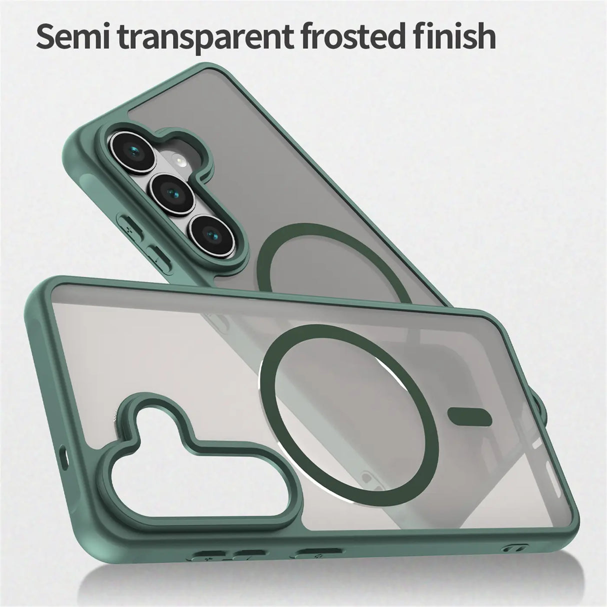 Grüne MagSafe Hülle, halbtransparent, matt, aus Kunststoff, Nahaufnahme, Kameraschutz