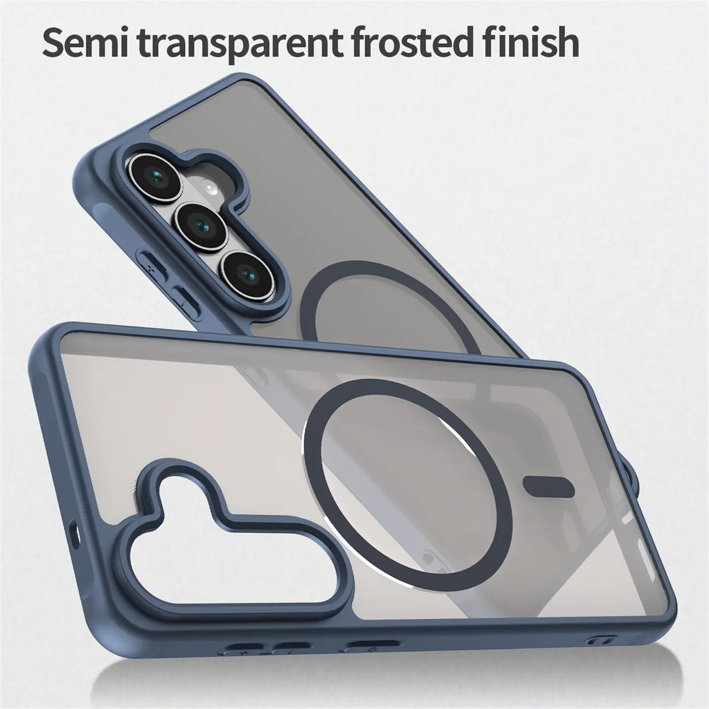 Blaue MagSafe Hülle, halbtransparent, matt, mit Kameraschutz für Samsung Galaxy S26 Plus.