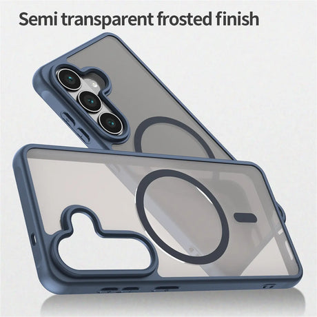 Blaue MagSafe Hülle, halbtransparent, matt, mit Kameraschutz für Samsung Galaxy S26 Plus.