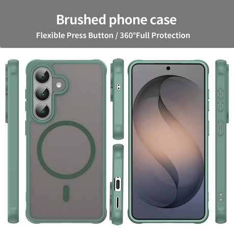 Grüne MagSafe-Hülle, transparent, mit Kameraschutz, für Samsung S26 Plus, verschiedene Ansichten.
