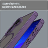 Lila MagSafe Hülle aus Kunststoff, Seitenansicht, zeigt Kamera und Tasten eines Smartphones.