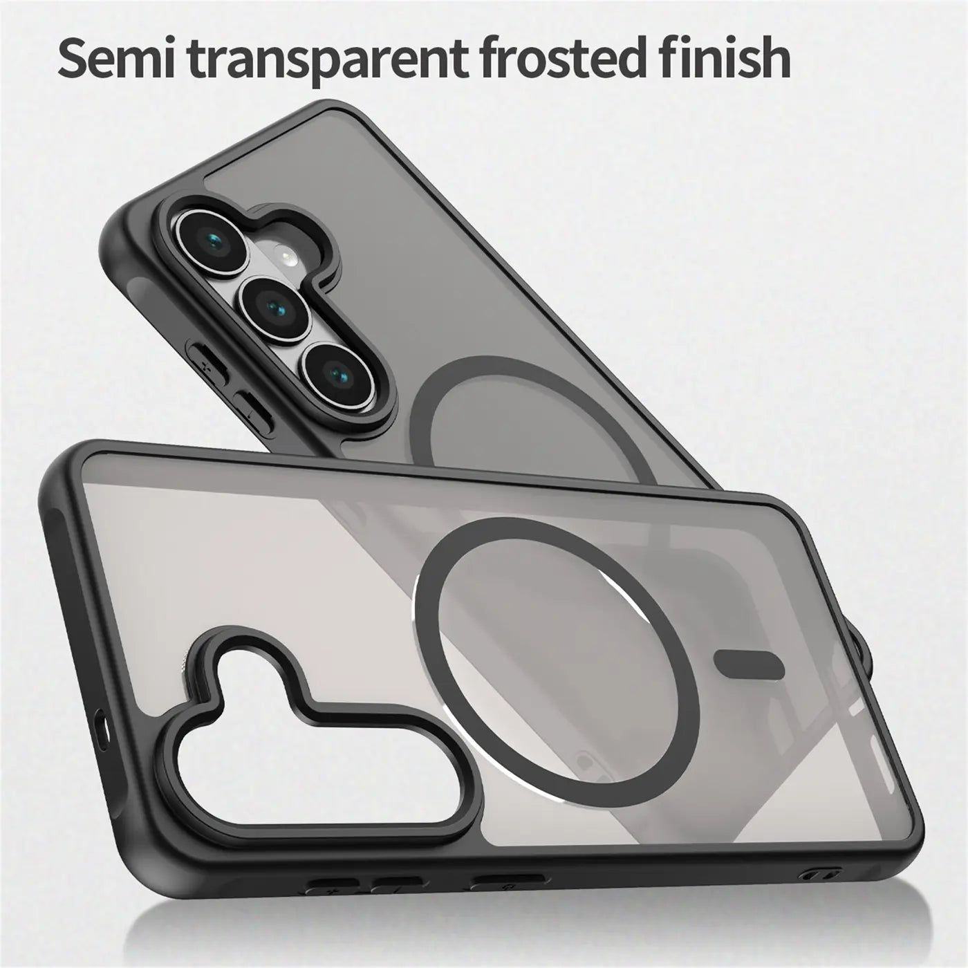 Graue, halbtransparente MagSafe-Hülle aus Kunststoff für Samsung S26 Plus, von oben/vorne gezeigt.