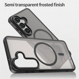 Graue, halbtransparente MagSafe-Hülle aus Kunststoff für Samsung S26 Plus, von oben/vorne gezeigt.