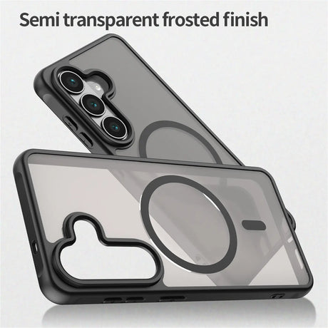 Graue, halbtransparente MagSafe-Hülle aus Kunststoff für Samsung S26 Plus, von oben/vorne gezeigt.