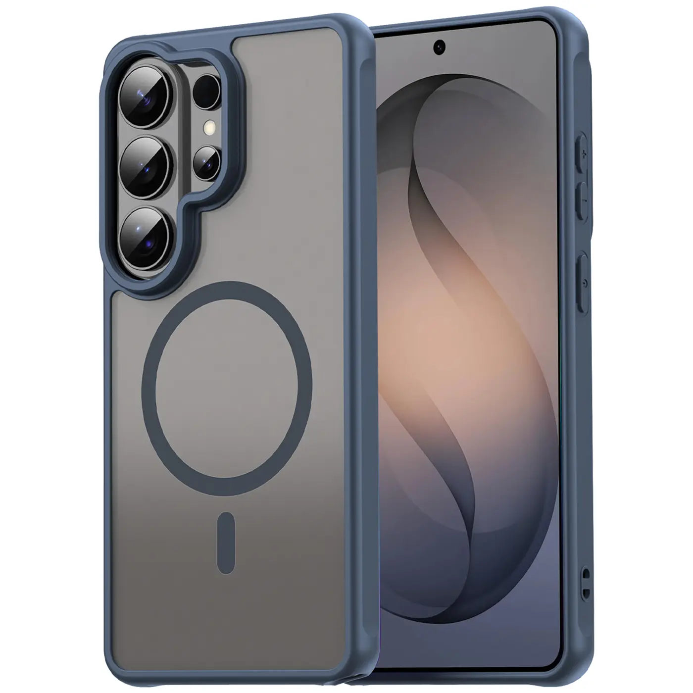 Blaue MagSafe Hülle, transparent, mit Kameraschutz, für Samsung S26 Ultra.