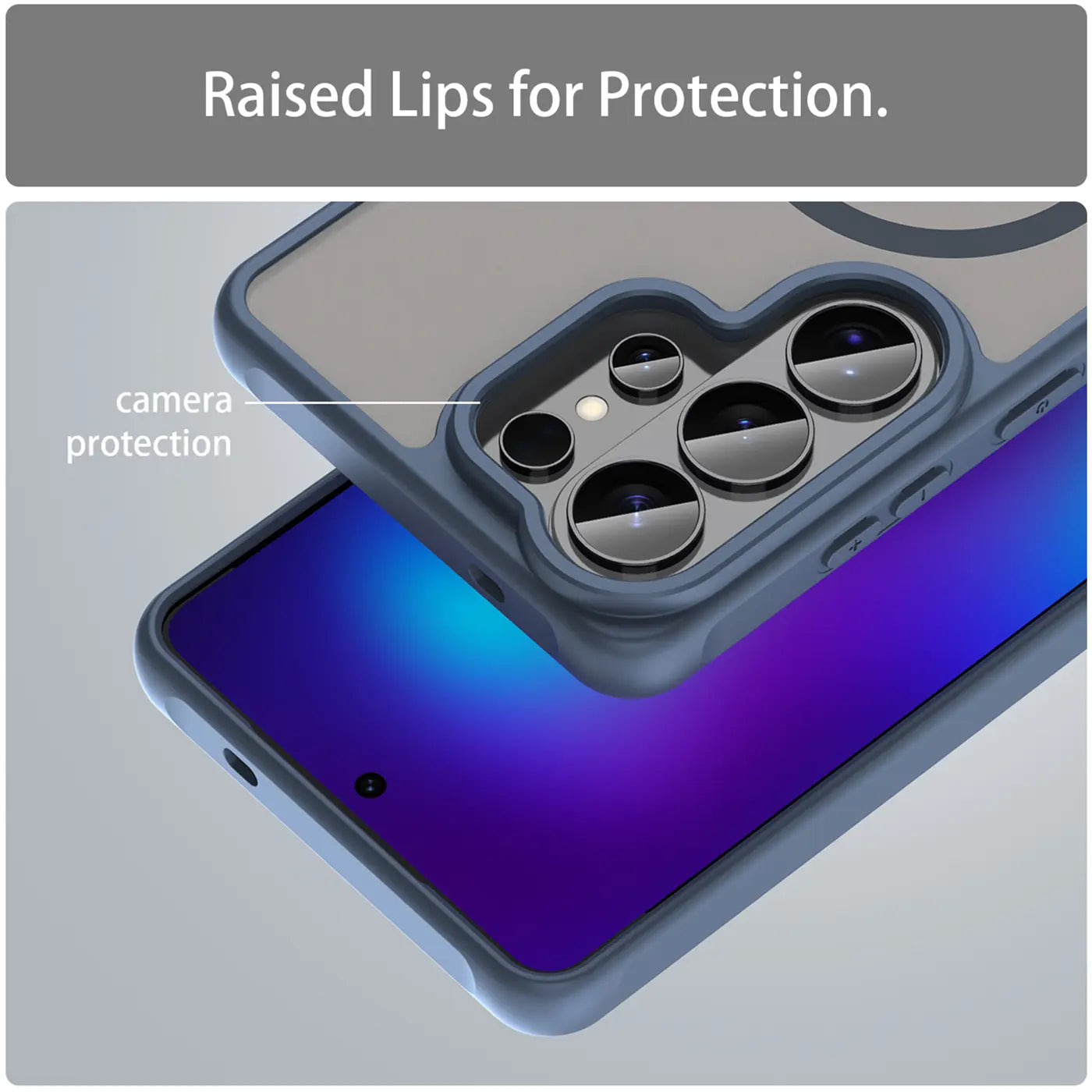 Blaue MagSafe Hülle aus Kunststoff mit Kameraschutz, Nahaufnahme, Samsung S26 Ultra.