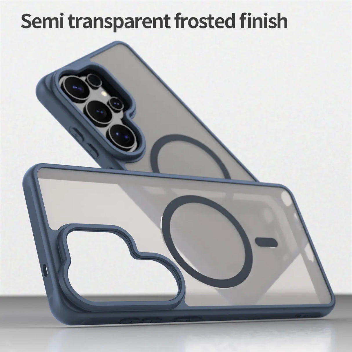 Blaue MagSafe Hülle, halbtransparent, matt. Samsung S26 Ultra mit Kameraschutz.