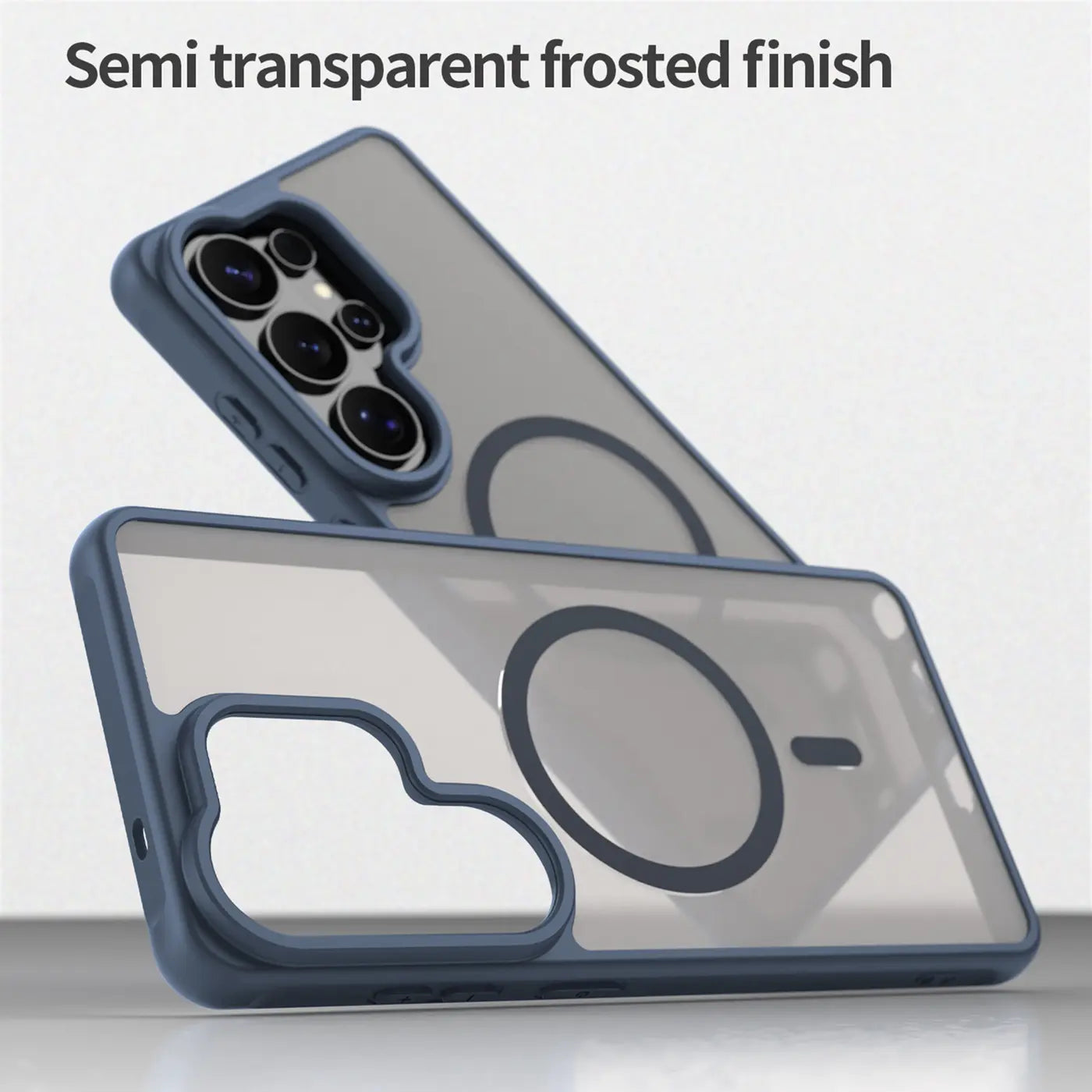Blaue MagSafe Hülle, halbtransparent, matt. Samsung S26 Ultra mit Kameraschutz.