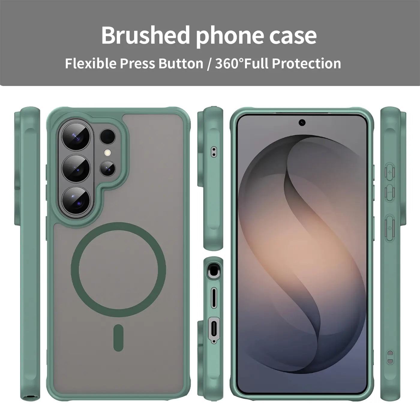 Grüne MagSafe-Hülle aus Kunststoff für Samsung S26 Ultra, Rückseite & Seitenansichten.