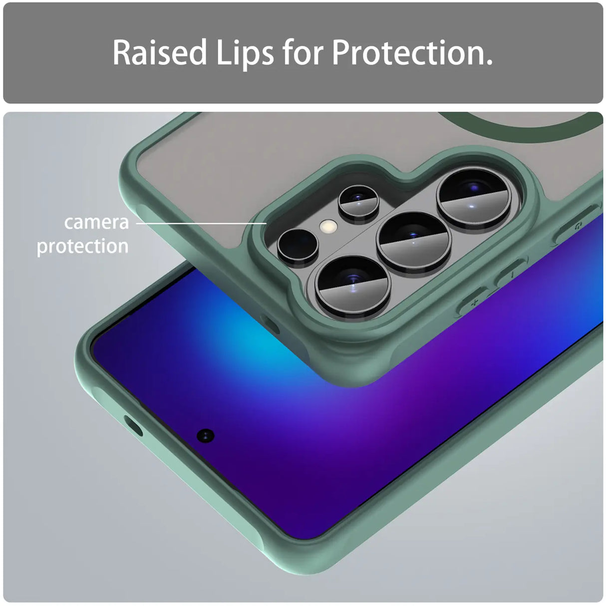 Grüne MagSafe-Hülle mit Kameraschutz auf Samsung Galaxy S26 Ultra, Nahaufnahme von oben.
