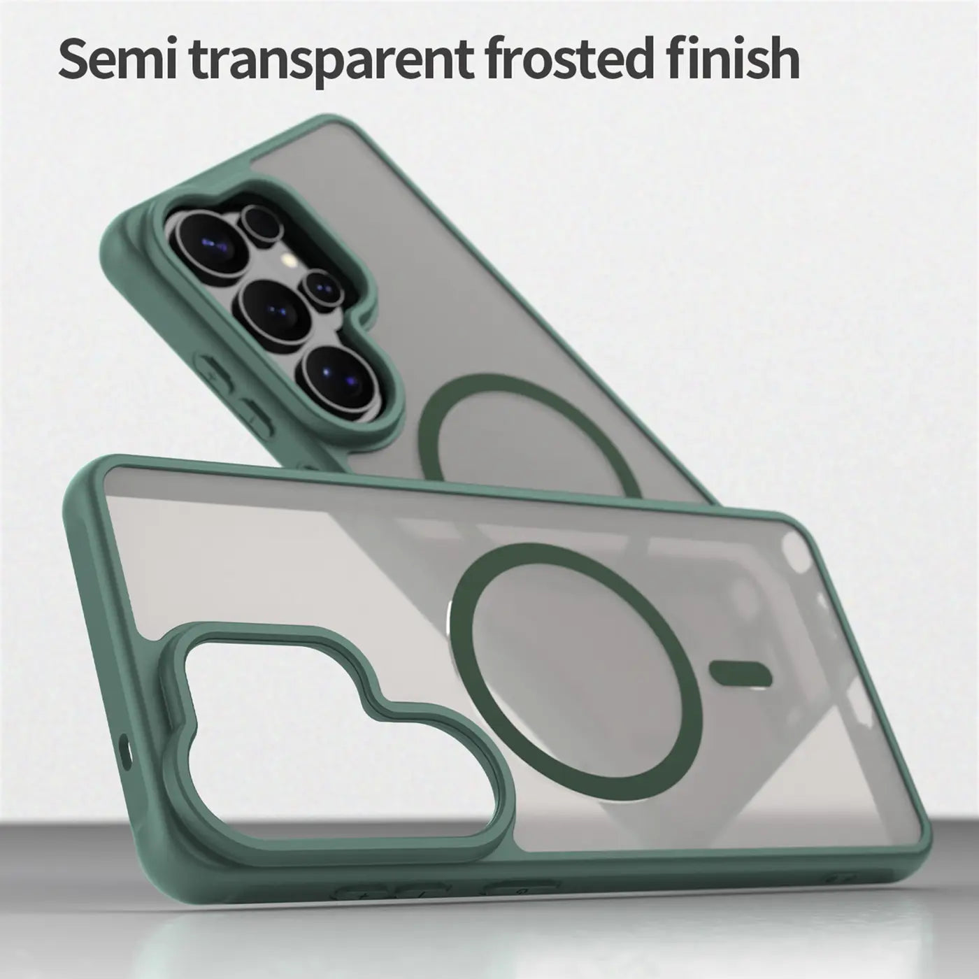 Grüne MagSafe Hülle, halbtransparent, matt. Zeigt Rückseite und Vorderseite eines Samsung S26 Ultra.