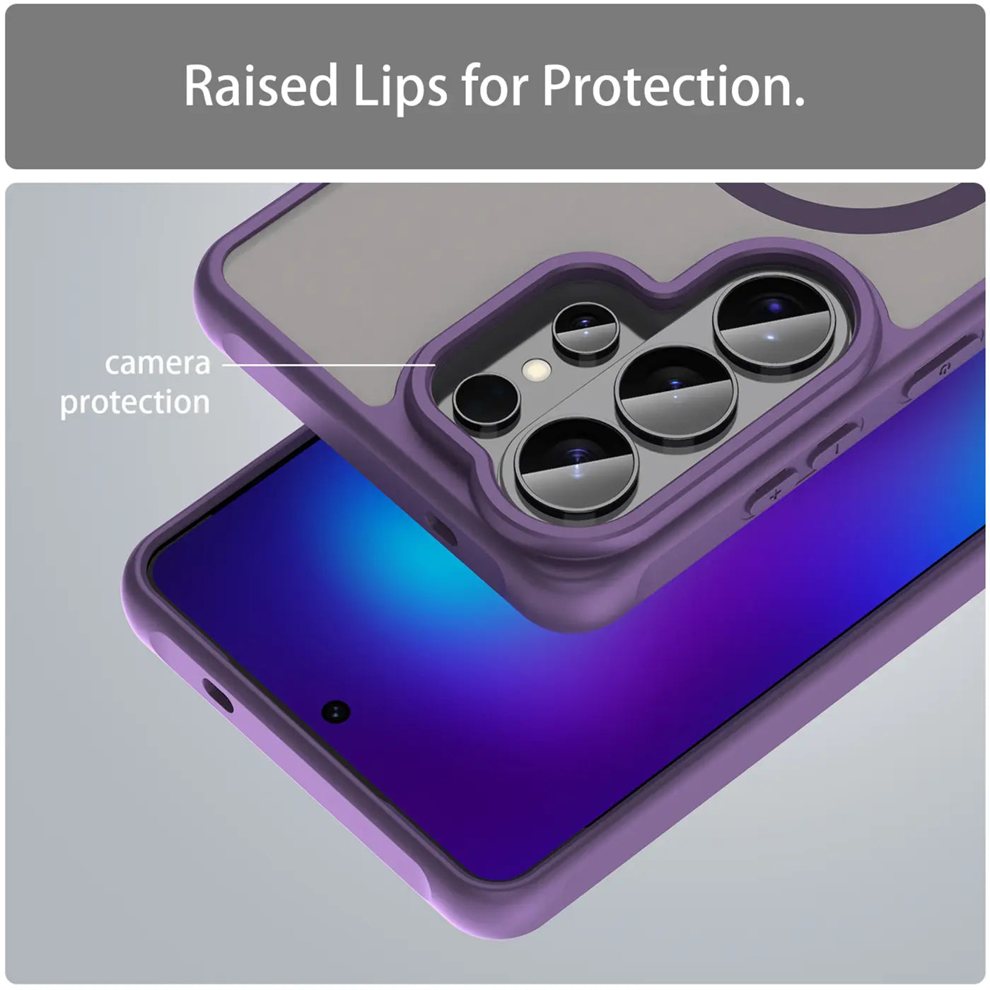 Lila MagSafe Hülle mit Kameraschutz auf Samsung S26 Ultra, Nahaufnahme.