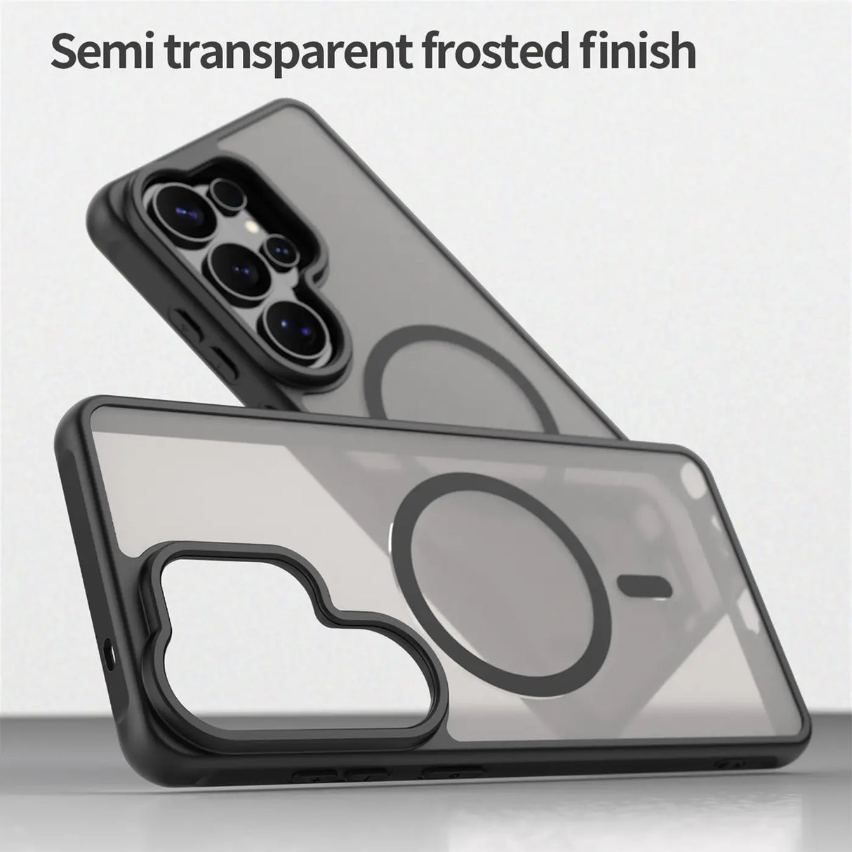 Graue, halbtransparente MagSafe-Hülle aus Kunststoff für Samsung S26 Ultra, von oben gesehen.