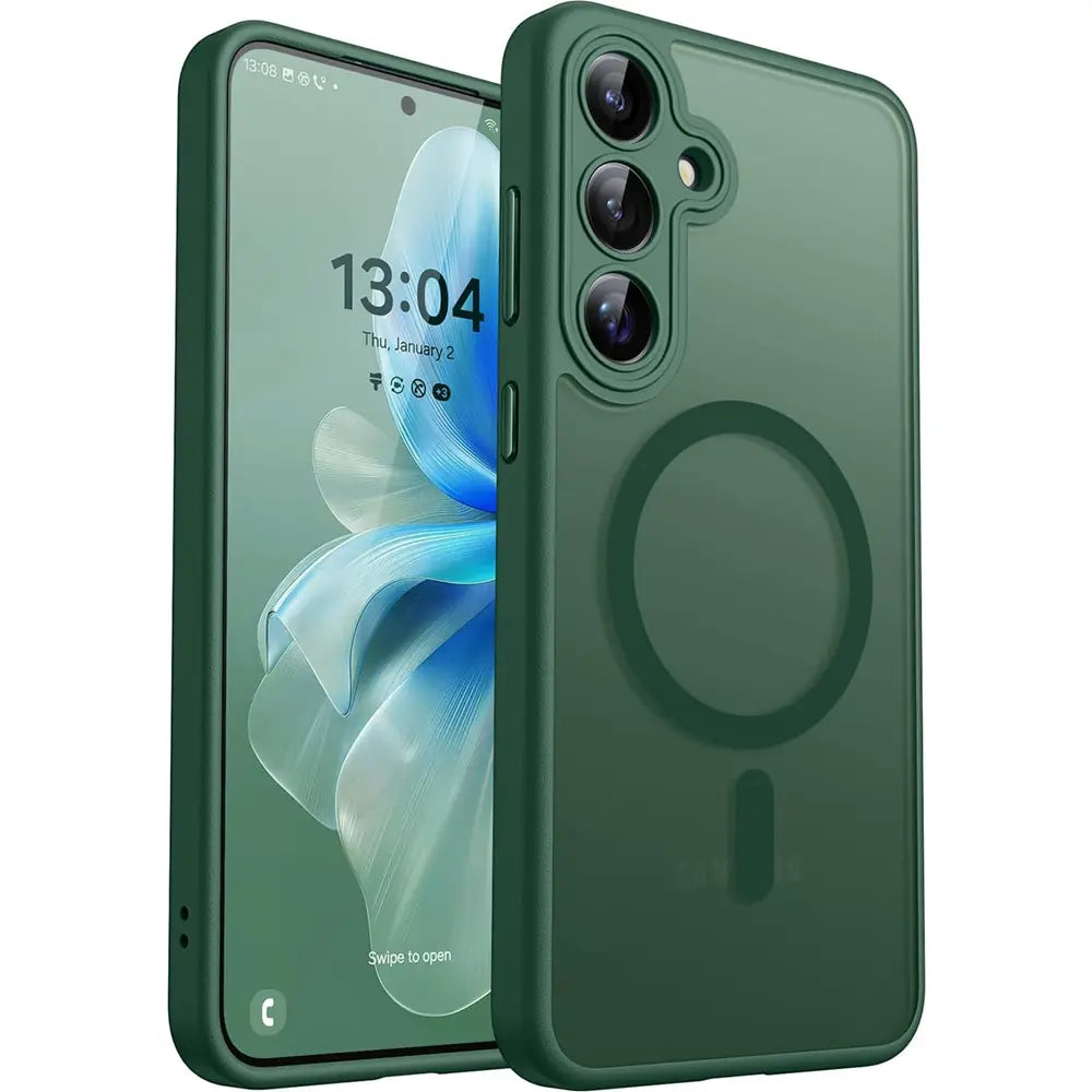 Dunkelgrüne MagSafe Hülle aus Kunststoff für Samsung Galaxy Z Fold 7, Rückansicht mit Kameraschutz.