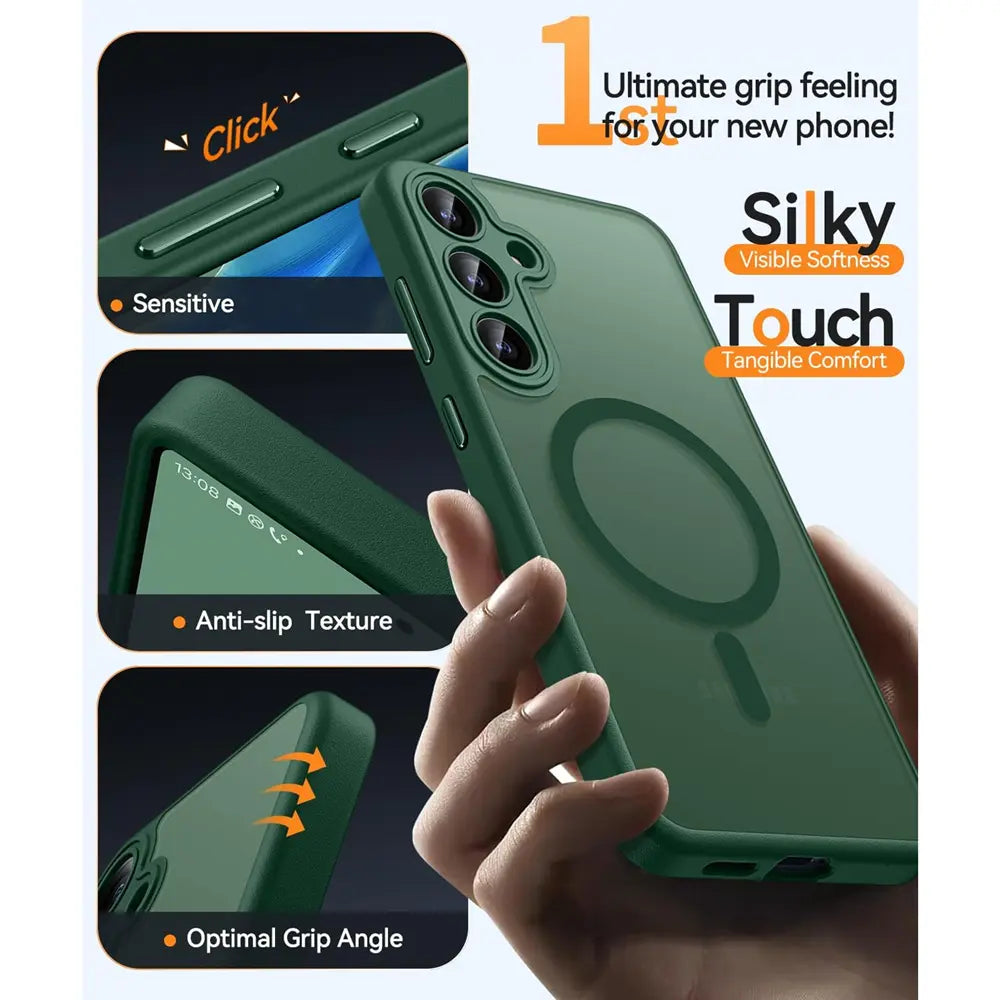 Dunkelgrüne MagSafe-Hülle aus Kunststoff, die ein Samsung Galaxy Z Flip 7 schützt.