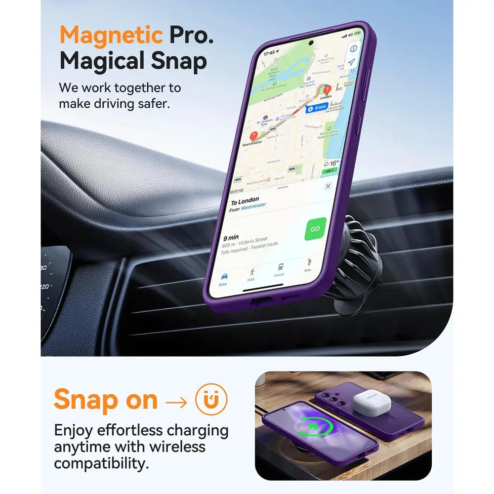 Lila MagSafe Hülle für Samsung Galaxy Z Fold 7, am Auto-Lüftungsschlitz befestigt.