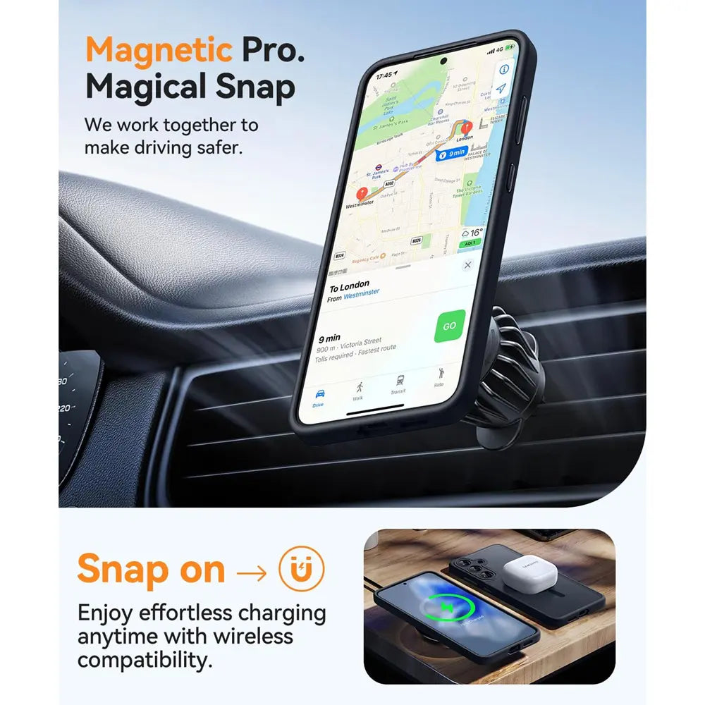 Schwarze Handyhülle mit MagSafe-Halterung im Auto, zeigt Navigations-App auf Samsung Galaxy Z Fold 7.