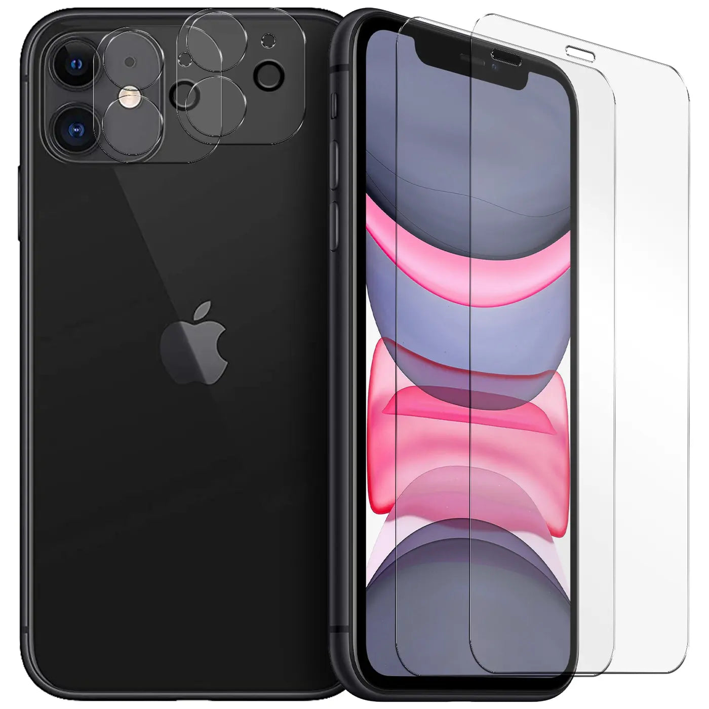 Schwarzes iPhone 11 (Rückseite) mit 3 transparenten Kamera-Schutzgläsern und 2 transparenten Display-Schutzgläsern.