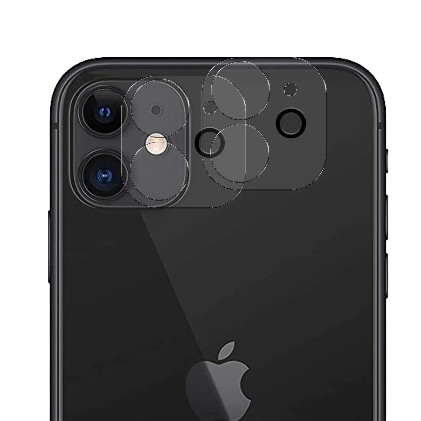 Rückseite eines schwarzen iPhone 11 mit transparenten Schutzgläsern auf den Kameras und dem Blitz, von oben.