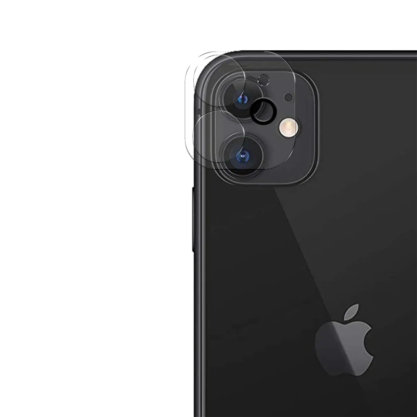 Rückseite eines schwarzen iPhone 11 mit transparentem Kameraschutzglas auf den zwei Kameralinsen und dem Blitz.