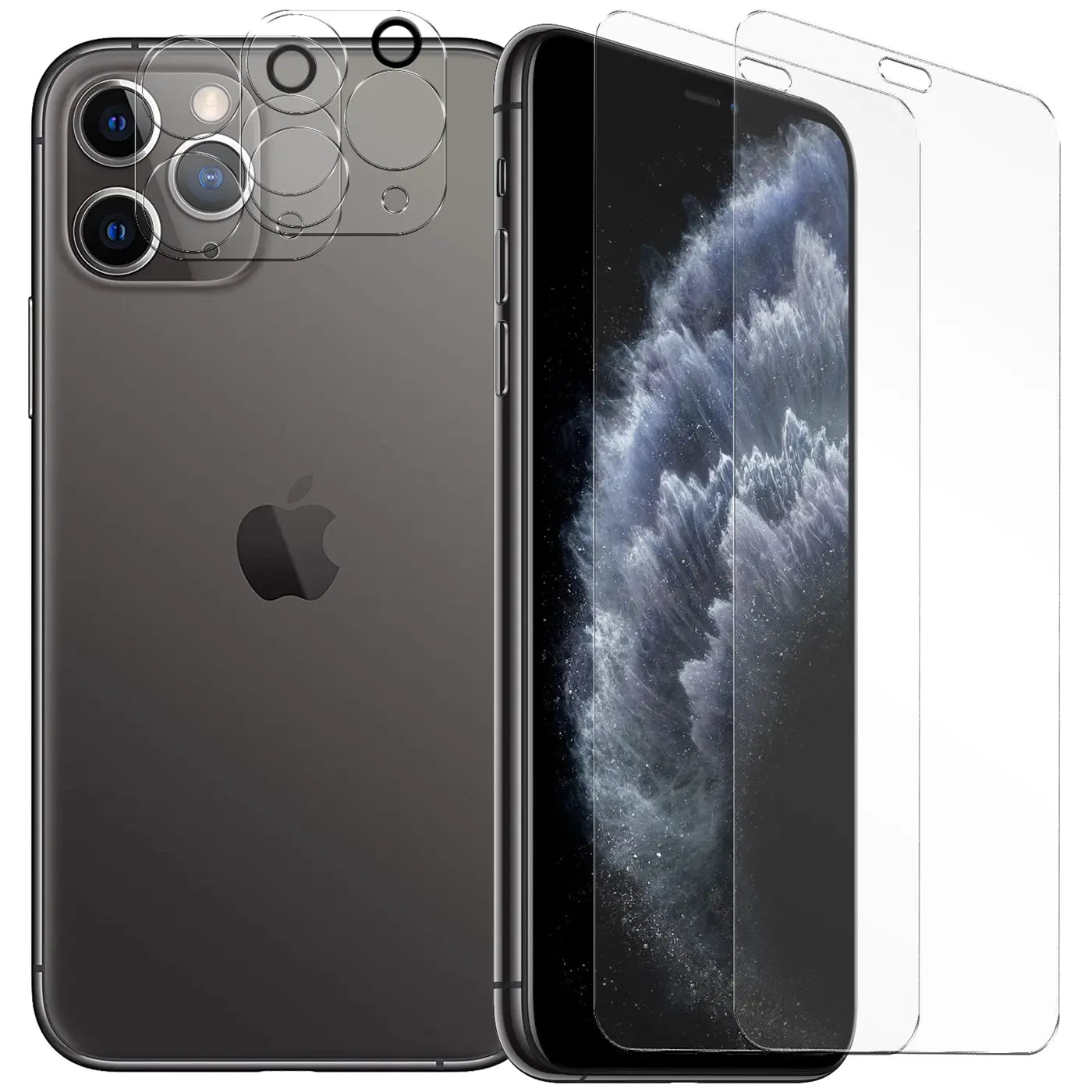 iPhone 11 Pro in Space Grau, Rückseite mit Kamera-Schutzgläsern, Vorderseite mit zwei Displayschutzgläsern.