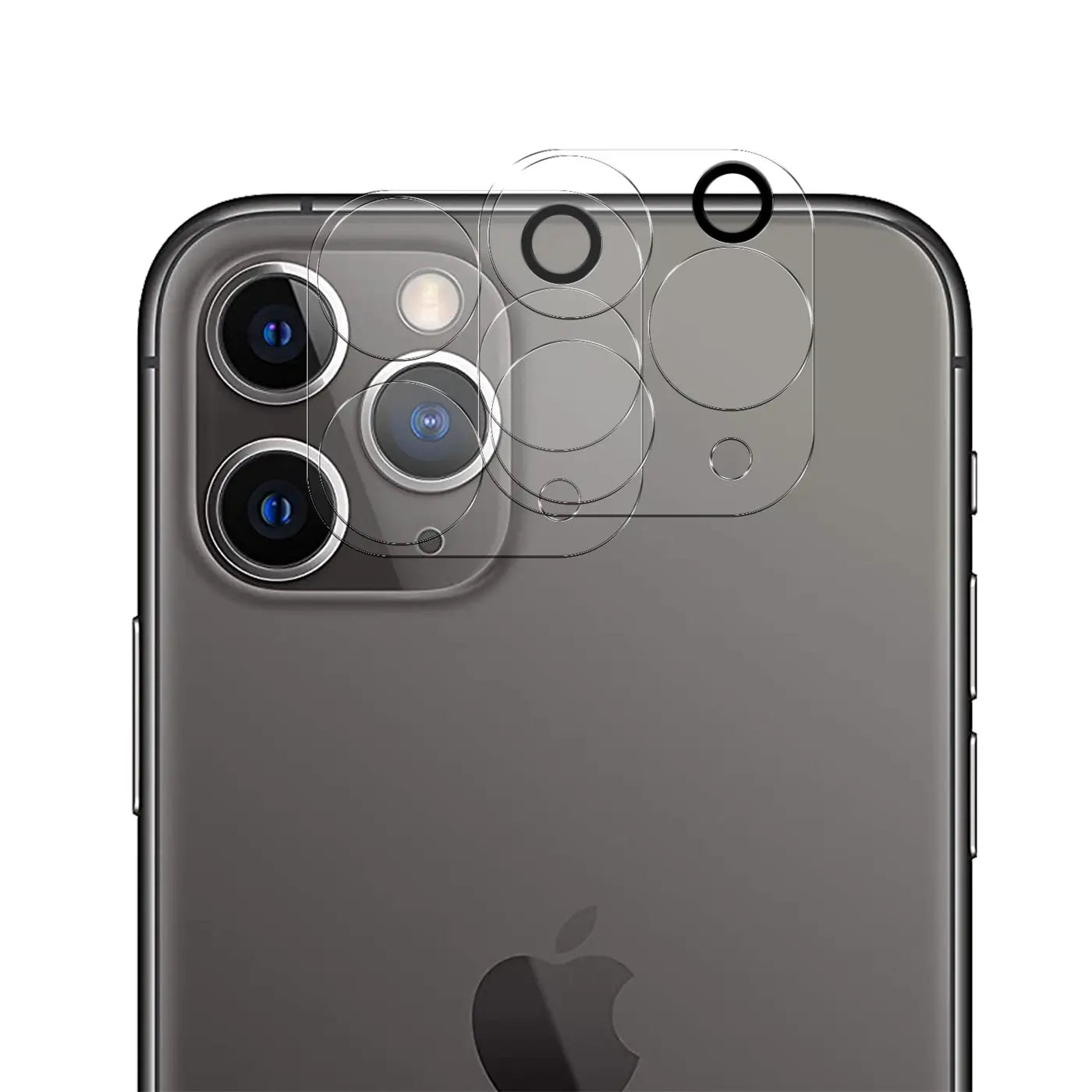 Rückseite eines dunkelgrauen iPhone 11 Pro Max mit transparentem Schutzglas für die Kameras und Sensoren, schräg von oben.