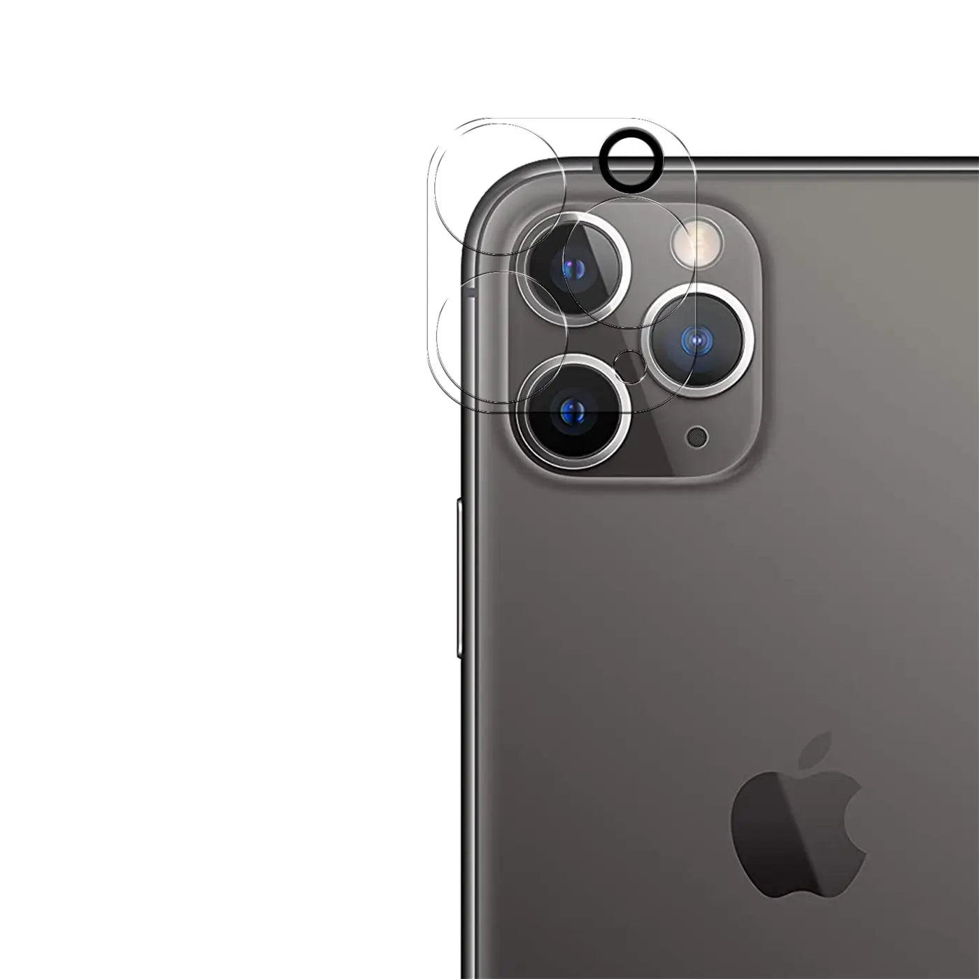Rückseite eines dunkelgrauen iPhone 11 Pro Max mit transparentem Schutzglas für die drei Kameras und den Blitz.