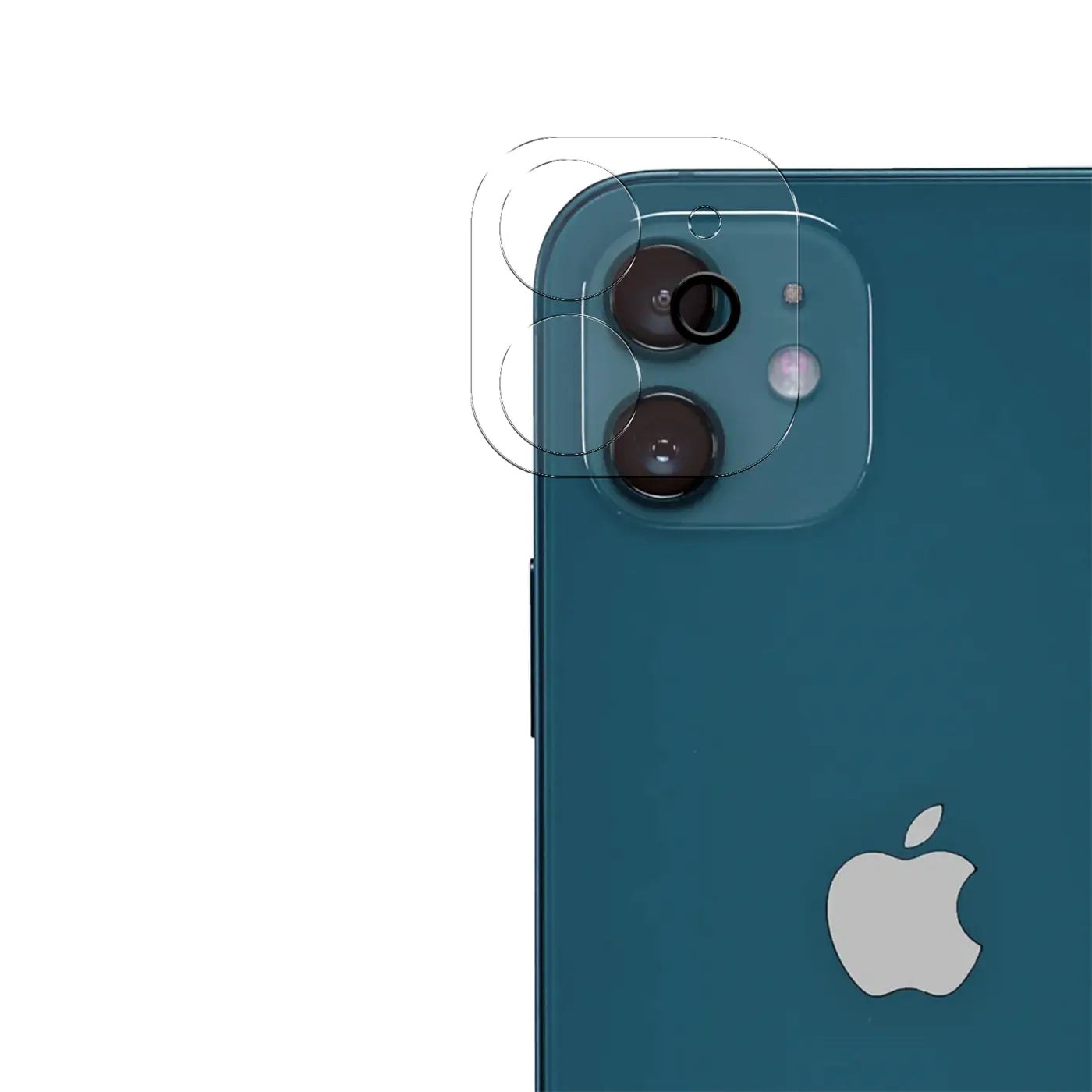 Transparente Schutzglas-Abdeckung für die Dual-Kamera eines blauen iPhone 12, schräg von hinten oben.