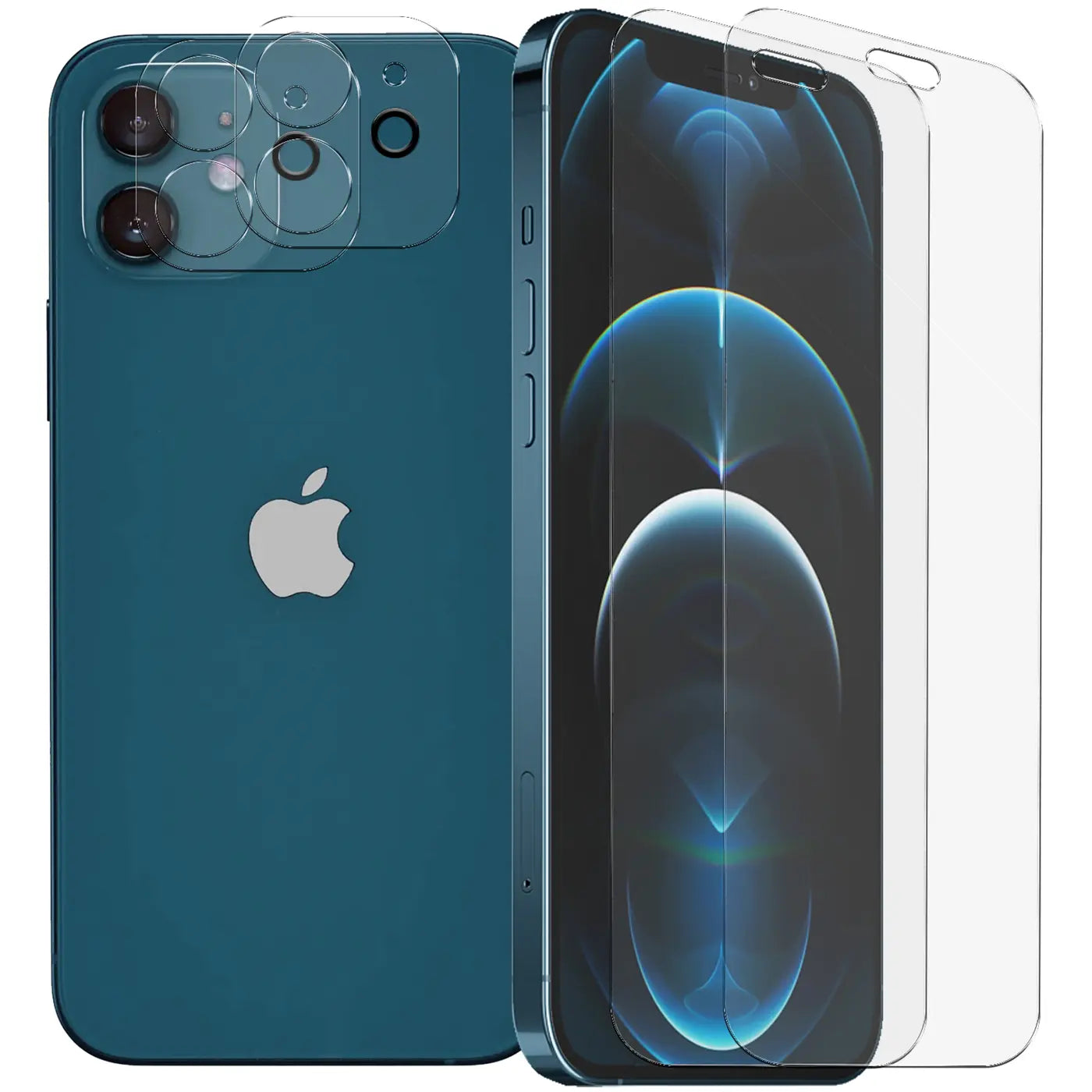 Blaues iPhone 12 Mini mit transparentem Schutzglas für Display und Kamera, schräg von hinten rechts.