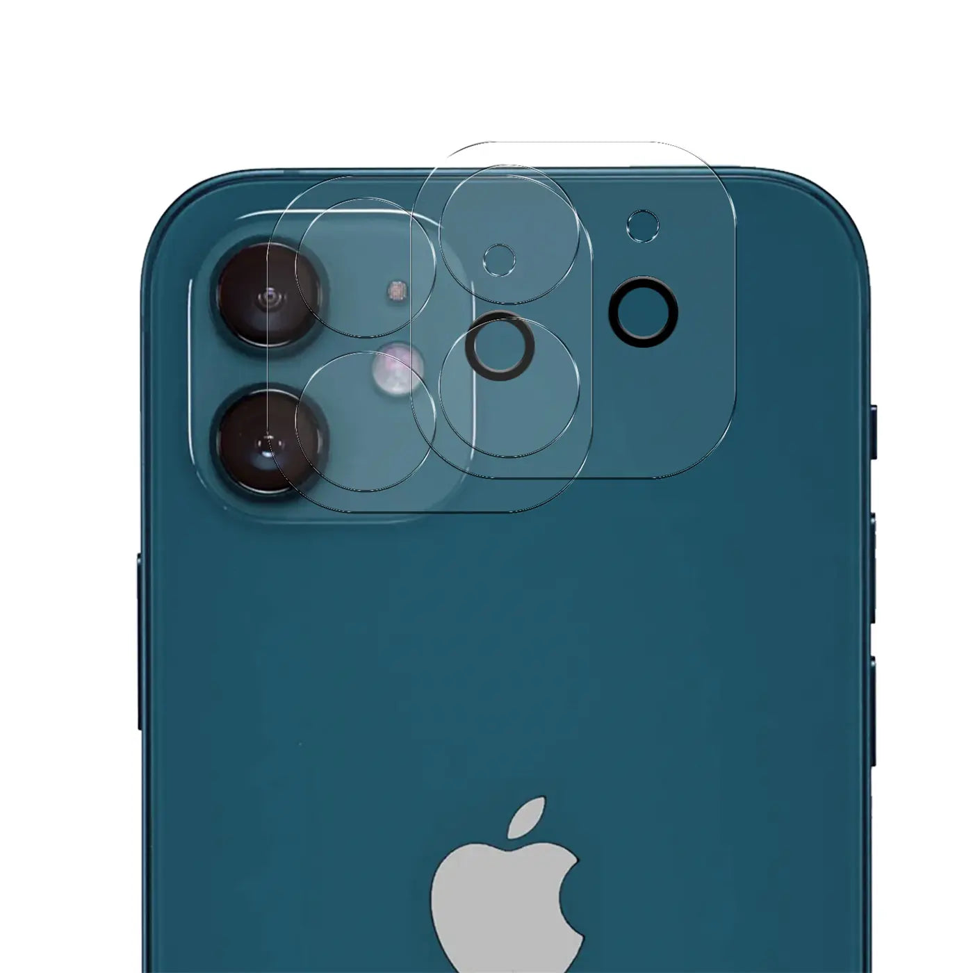 Rückseite eines blauen iPhone 12 Mini mit transparenten Schutzgläsern auf den Kameras und Sensoren, schräg von oben.