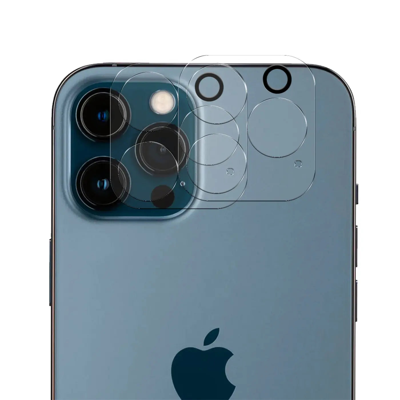 iPhone 12 Pro Rückseite, blau, mit transparentem Schutzglas für alle Kameras und Sensoren, schräg von oben.