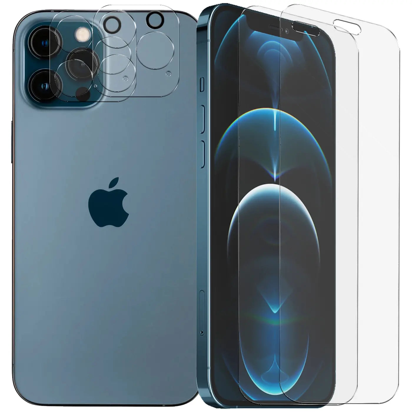 Blaues iPhone 12 Pro Max mit transparentem Schutzglas für Display und Kamera, schräg von hinten und vorne.