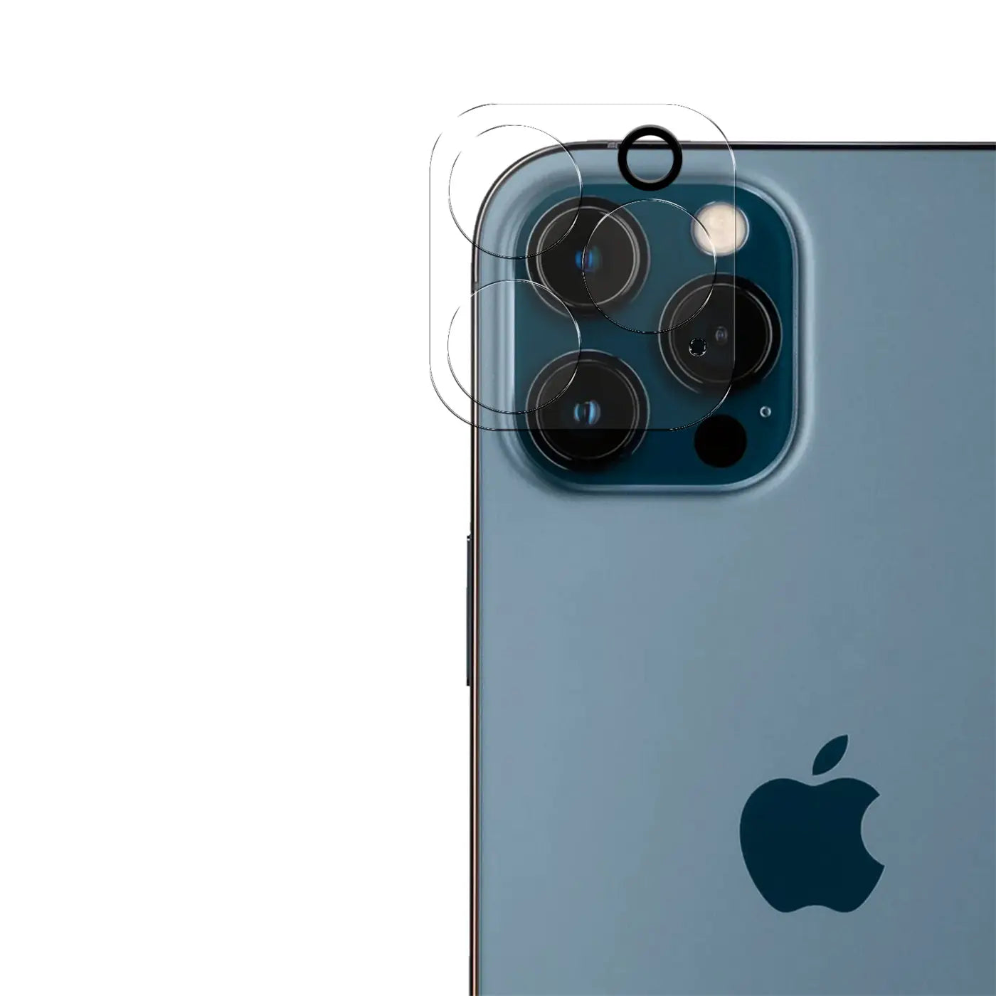 Rückseite eines blauen iPhone 12 Pro Max mit transparentem Schutzglas auf den drei Kameralinsen und dem Blitz.
