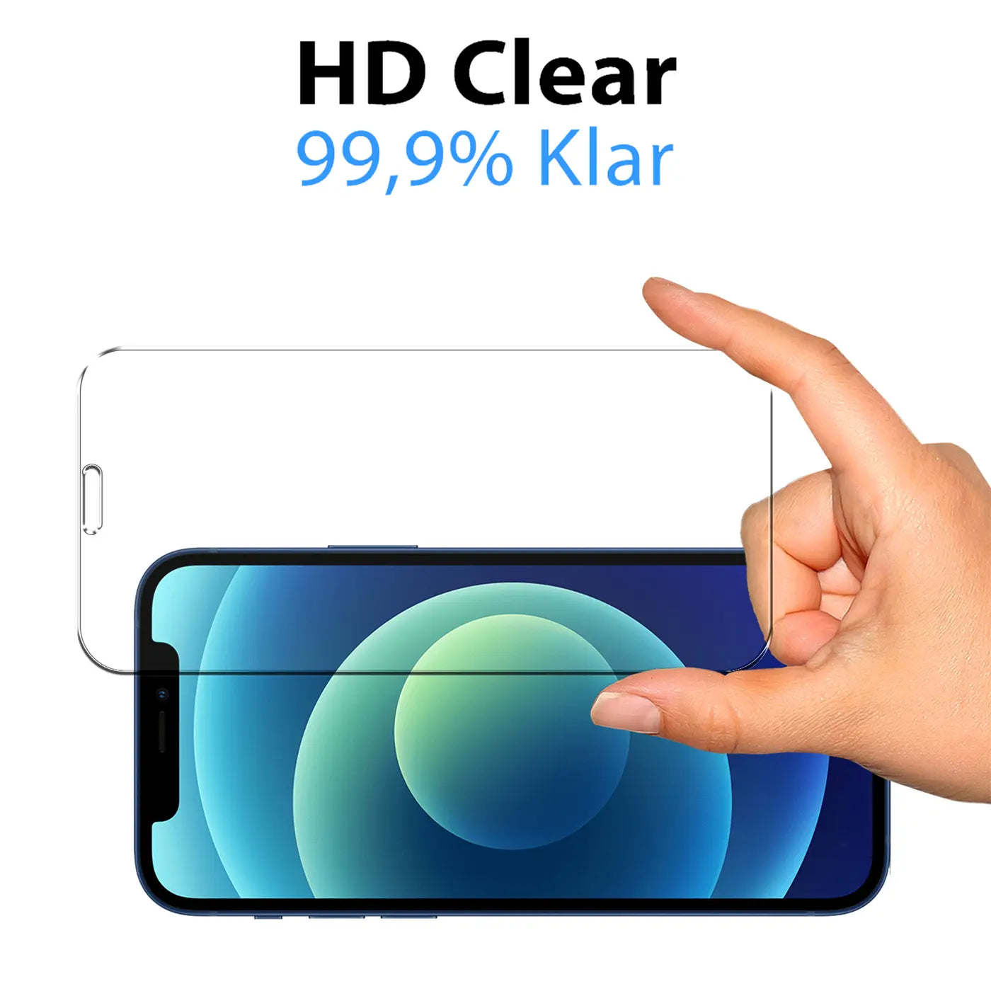 Hand hält klares Schutzglas über blauem iPhone 12 Pro Max Display mit blauem Hintergrundbild, von oben.