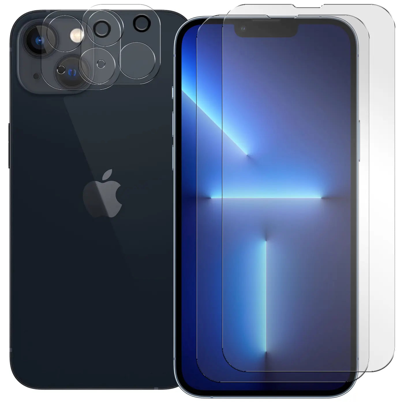 Dunkelblaues iPhone 13 von hinten links und von vorne rechts mit transparenten Schutzgläsern für Display und Kamera.
