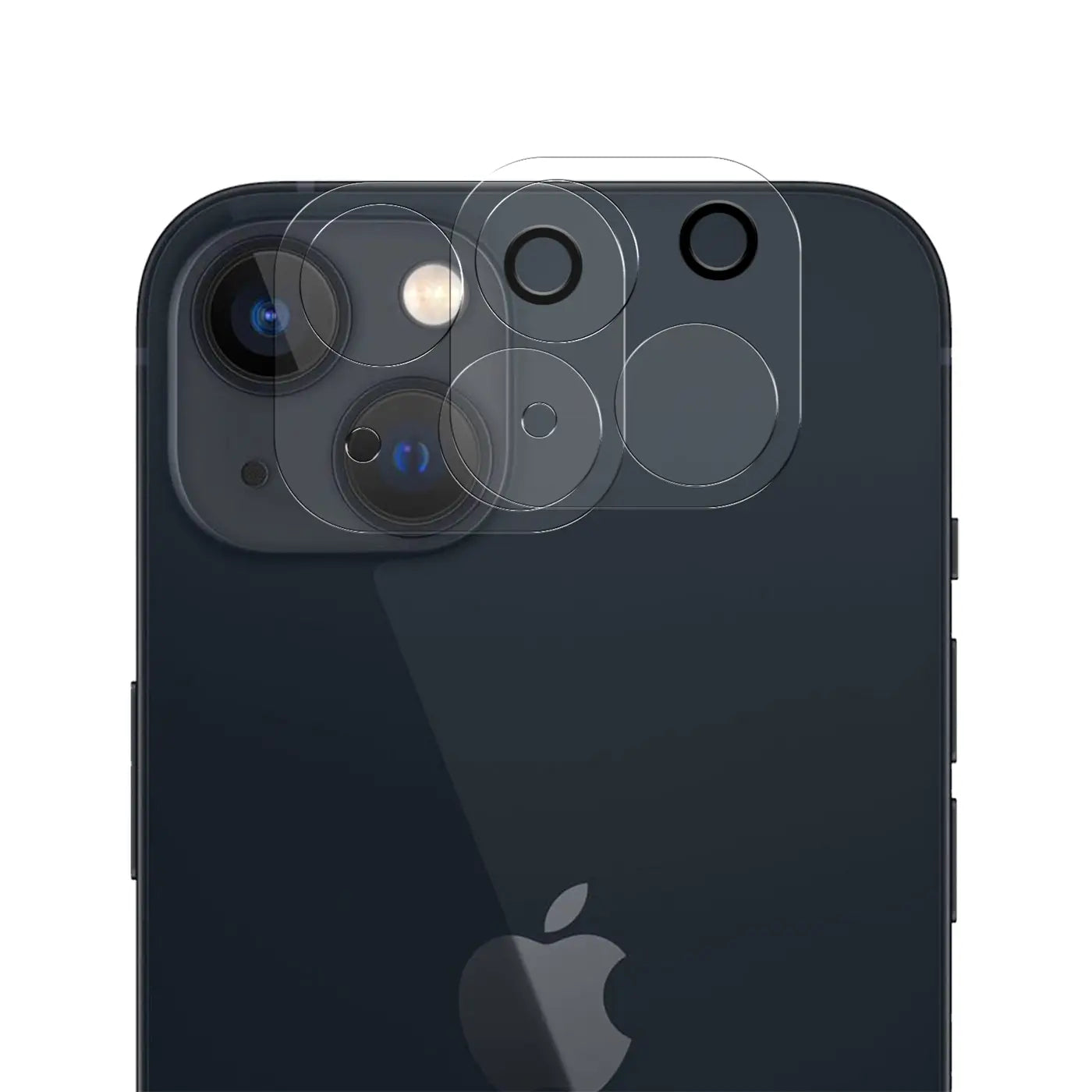 Rückseite eines dunkelblauen iPhone 13 Mini mit transparentem Schutzglas auf Kameras und Blitz, von oben.